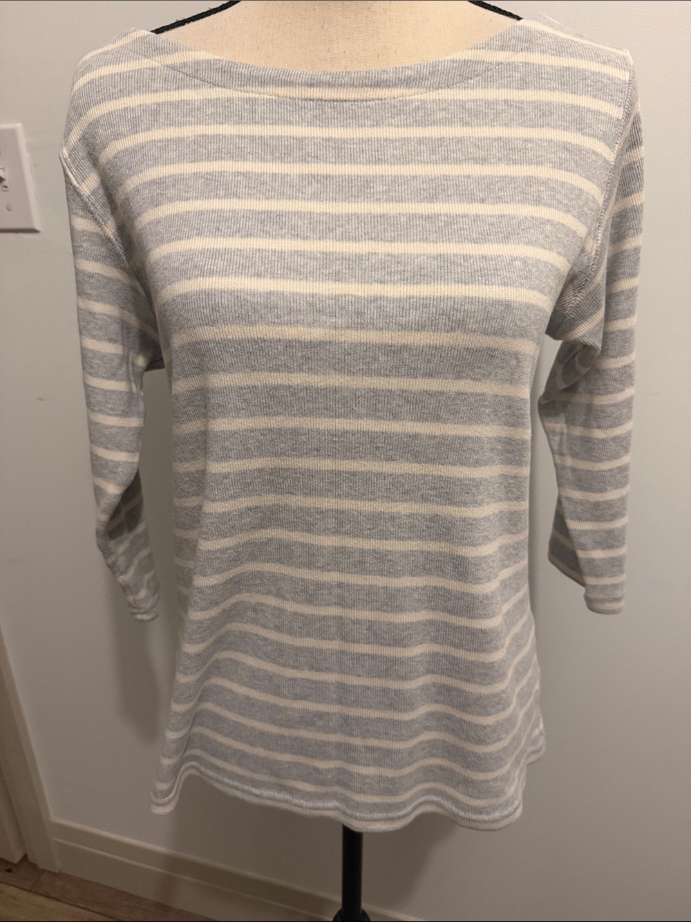 L.L. Bean Striped Boatneck 3/4 Sleeve Top - Light Gray Blue White Medium